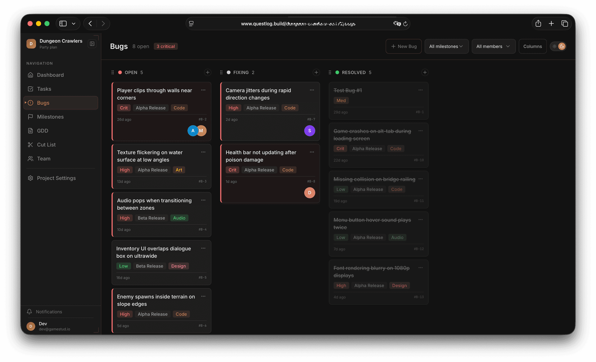 Bug tracker with open, fixing, and resolved columns