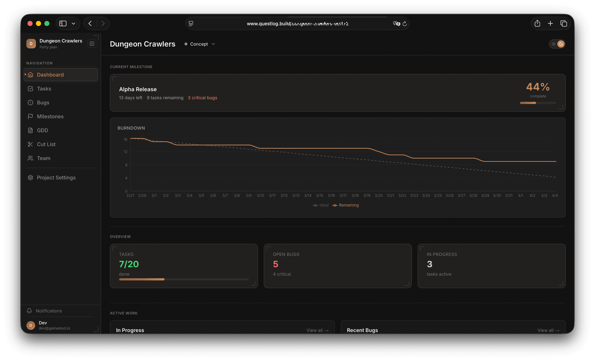 Questlog dashboard with milestone progress and project overview