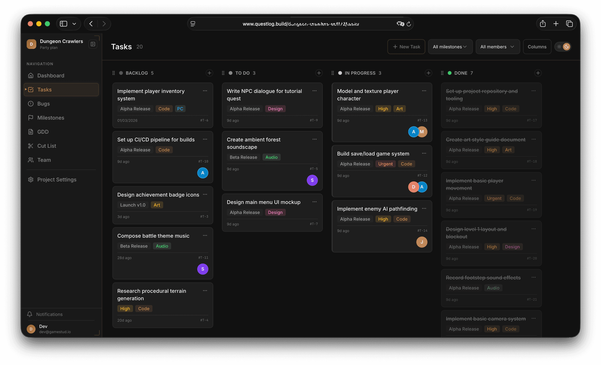Kanban task board with backlog, to do, in progress, and done columns
