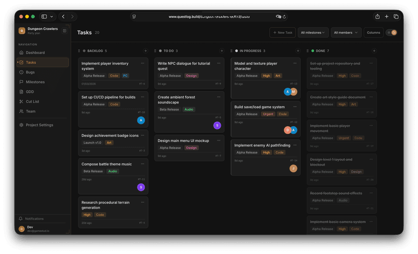Questlog — Project Management for Indie Game Developers
